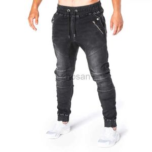 Men's Jeans High Quality Solid Pocket Mens Denim Cotton Pants Vintage Cargo Drawstring Stretchy Pencil Male d240417