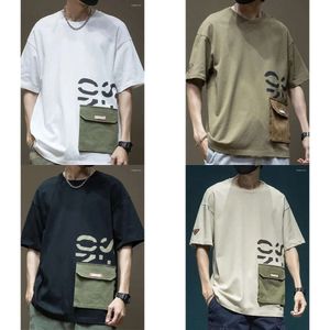 Men's T Shirts Letter Printed T-shirt with Cargo Pocket Casual Cotton O-neck Tops Y2K Streetwear Oversized Tee -shirt ops ee