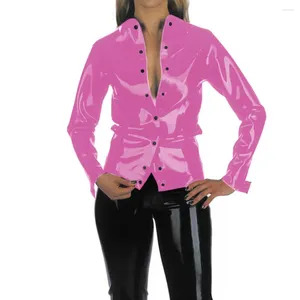 Jackets femininos Button sexy Button Faux Leather Women Women Wetlook Shiny PVC Camisa de manga longa Vinil Slim Clubwear Blouse