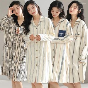 Women's Sleepwear 2024 Spring Cotton Long Sleeve Nightgowns For Women Korean Loose Cardigan Night Dress Nightdress Homewear Home Nighty