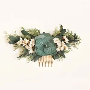 Flores decorativas feitas à mão, estilo boêmio de cabelo pente de casamento seco de folhas verdes de folha verde eucalipto