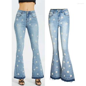 Kvinnors jeans denim breda benbyxor tusensköna broderade blossade byxor