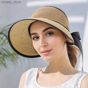 Visors New Summer Straw Hat Childrens Sunscreen Sun Hat Big Eaf Sun Hat Empty Top Hat Womens Folding Beach Hat Y240417