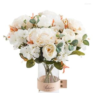 Decorative Flowers Artificial Flower Silk Rose White Hydrangea Peony Bouquet Fake For Wedding Table Party Diy Vase Home Decor