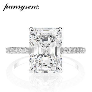 PANSYSEN 925 Sterling Silver Emerald Cut High Carbon Diamond gemstone Wedding Rings for Women Luxury Proposal Engagement Ring 240417
