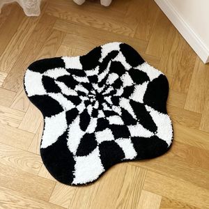 Abstract 3D Illusion Checkered Cloud Shape Tufted Rug - Handmade Modern Black and White Design - Fluid Art Porch Carpet 240417