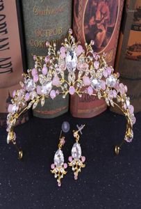 Hair Clips Barrettes Gold Wedding Crown Bridal Tiaras With Earrings Pink Purple Headband For Women And Girls Pink17641666