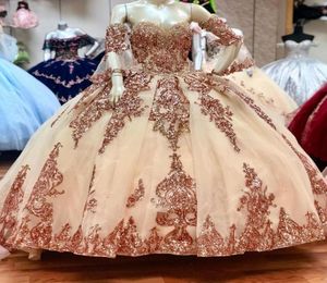 2021 Sexy Rose Gold Sequined Quinceanera Ball Gown Dresses Sweetheart Sequins Lace Appliques Crystal Tulle Sweet 16 Corset Back Pa4145491