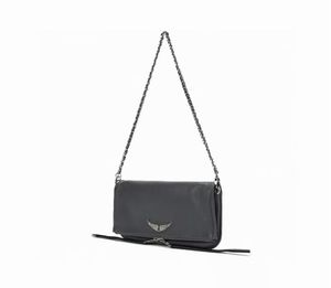 Women Black Leather Messenger Bag Lady OneShoulder Fashion Zipper Wings Rhinestone Decoration Handbag New 2104021066075