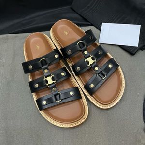 fashion Slipper brown sandale Designer vintage Mule Summer loafer woman sandal Leather buckle Sliders luxury Casual Shoes lady Flat heel shoe New beach rubber Slide