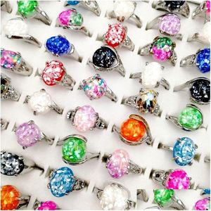 Band Rings Fashion 30Pcs/Lot 100% Natural Gemstone Ring Vintage Sier Shell Broken Metal Finger Fit Women And Men Charm Jewelry Party Dhvw6