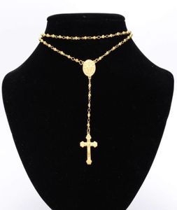 Chains Granny Chic 4/6/8mm Mens Womens Chain Gold Stainless Steel Bead Rosary Jesus Christ Pendant Long Necklace8013077