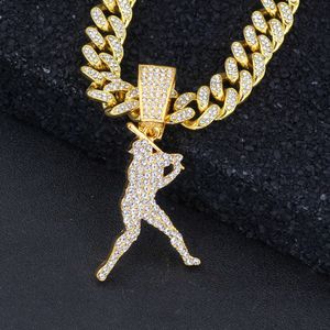 Baseball Sports Star Pingente Street Hip Hop Full Diamond Chain Chain Colar para homens Mulheres