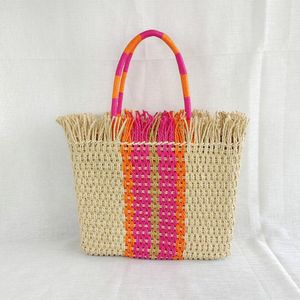 Shoulder Bags 2024 Japanese Women's Straw Bag Paper Rope Vertical Stripe Tassel Summer Handbags