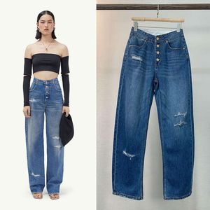 Straight 2024 New M6 Breasted Wide Leg Ripped Denim Pants for Women with High Waist, Slim and Versatile, Loose Fitting