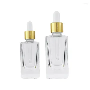 Storage Bottles 10pcs Cosmetic Serum Essential Oil Vials Gold Ring White Top 15ml 30ml Refillable Bottle Empty Square Clear Glass Dropper