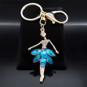 Keychains Lanyards Luxury Ballet Dancer Girl Keychain for Women Gold Color Metal Blue Rhinestone Fairy -nyckelkedjor smycken llaveros K5368S01 Y240417