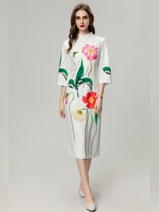 Summer Fashion Designer Runway Women Dress Vintage Floral Print Beading Embroidered Flares Mandarin Collar Mid-Calf Penci Dresses White Elegant