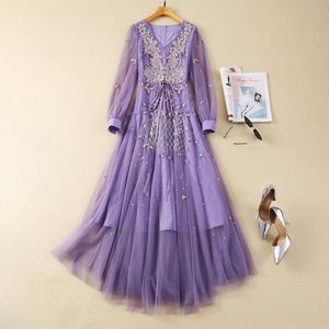 Spring Purple Floral Hafdery Frezowa sukienka z długim rękawem w szyku V Neck Belted Długie Maxi Sukienki S4J160110 Plus Size xxl