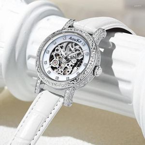 Zegarek luksusowy automatyczny mechaniczny zegarek dla kobiet eleganckie szkieletowe zegarki prezenty wodoodporne modne trend białe skórzane panie