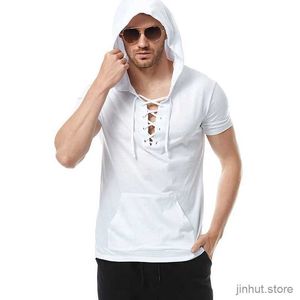 Men's T-Shirts 2023 Euro-American Men T Shirt Summer Hooded Tees Lacing Short Sleeve T-Shirt Slim Fit Casual Yoga Clothes Beach Style