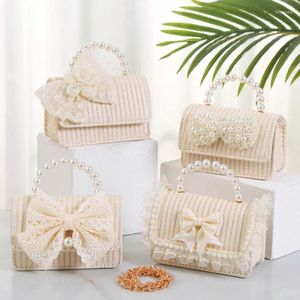 Drawstring Straw Bag With Butterfly Pearl Women Hand-Woven Handbag Fashion Lace Bow Rattan Big Capacity Beach Shoulder Crossbody