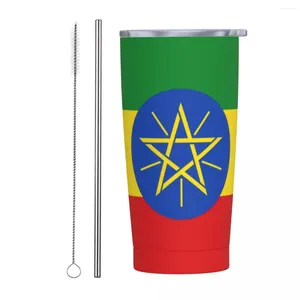 Tumblers Ethiopia Flag Rostless Steel Tumbler National Beach Coffee Mug med sugrör och lock 20oz muggar kopp drycker vattenflaska