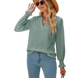 Women's Blouses Solid Color Hollowed Out Pleated Ruffle Sleeve V-neck Loose Long Sleeved Top