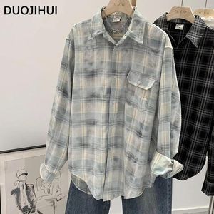 Women's Blouses DUOJIHUI American Vintage Chicly Polo Neck Simple Women Shirt Autumn Classic Plaid Fashion Spell Color Loose Casual Female