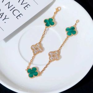 Brand Charm 925 Pure Pure Silver Van Diamond Bracelet com 18k Gold Peacock Green Ribbon Lucky Grass Handicraft High Version