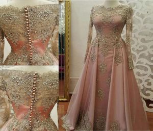 Real PO Champagne Tiuld Long Rleeves Suknie wieczorowe różowe koronkowe aplikacje formalne suknie imprezowe elegancka długa sukienka na bal