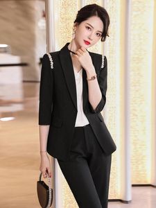 Kvinnors tvådelar byxor högkvalitativa Business Blazer Suit 2 Set Summer Fashion Elegant Half Sleeve Female Jacket Nionde