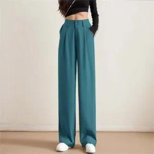 Calça feminina de cor sólida Cantura alta botão casual