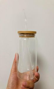 sublimacja 16 uncji szklana puszka szklana z bambusa pokrywka wielokrotnego użytku słomka puszki piwo przez przezroczyste mroźne kubki sodowe soda puszka WL8500226