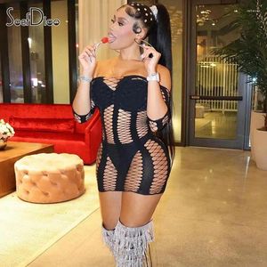 Casual Dresses Soefdioo Mesh Hollow Out Black Dress Women Sexig Half Sleeve Off Shoulder BodyCon See Through Mini 2024 Summer Clubwear