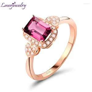 Rings de cluster Loverjewelry Emerald Cut Turmaline Pink Wedding Diamonds Bands para mulheres Presentes de Natal REAL 18K Jóias de ouro