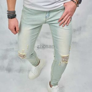 Herr jeans vintage blå enkla fasta hål mager männbyxor snygga rippade stretch manlig bomull casual denim byxor d240417