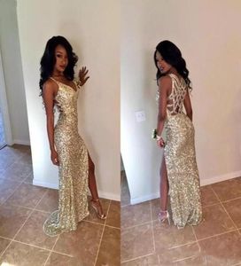 Gold Pailled Long Mermaid Evening Party Kleider 2019 Side Split Halfer Robe de Soiree Black Girl Formal Gown Prom Black Girl4915963