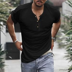 Men's T-Shirts Summer New T Shirt Men Fashion Henley Collar Tshirt Mens Short Sleeve Casual Slim Tops Tees Solid Color Sports T-shirt for Man