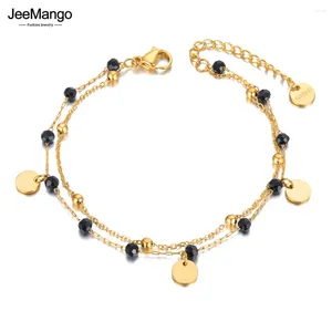 Braccialetti di collegamento jeemango bohemia titanio in acciaio inossidabile bracciale a doppio strato per donne design originale gioiello a catena di cristallo nero jb21117