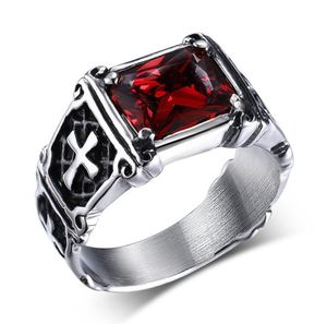 Cross Ruby Red Black Zircon Diamonds Gemstones Rings for Men Punk gothic rostfritt stål smycken coola modetillbehör gåva3605459