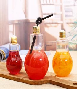 New LED Light Bulb Water Bottle Plastic Milk Juice Water Bottle Disposable Leakproof Drink Cup With Lid Creative Drinkware Wholes1014791