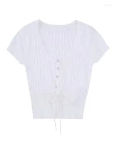 Damskie bluzki dziewczęta 2024 Summer eleganckie marszczenia o krótkim rękawie z dzianiny z krótkim rękawem.