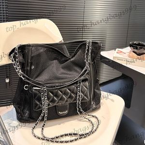 Womens Vintage Designer 2in1 Black Netbag Hollow Out Shopper Shoulder Bags Classic Flap Quilted Coin Purse Large Capacity Silver Chain Crossbody Handbags 33x29cm