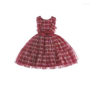 Girl Dresses 4-7Years Kids Girls Ball Gown Xmas Dress Bow Plaid Sleeveless Princess Formal Party For Birthday Wedding