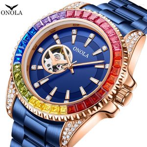 ساعة معصم أزياء الماس الملون مجوفة لرجال Onola بالكامل حزام ميكانيكي الدقة على مدار ساعة الرجال
