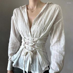 Women's Blouses French Style Elegant Lace Texture Waist Girdling Band Shirt 2024 Slightly Transparent Breasted Lantern Sleeve Sexy Top