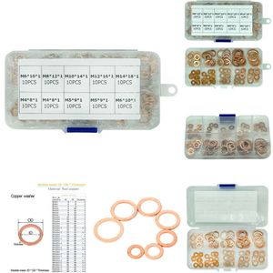 New 100pcs Copper Washer Gasket Nut and Bolt Set Flat Ring Seal Assortment Kit with Box M4/M5/M6/M8/M10/M12/M14 for Sump Plugs