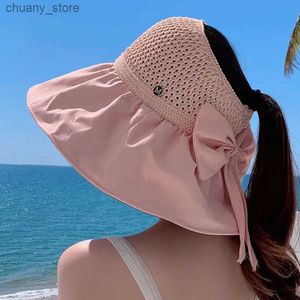 Visors Rimiut Knitted Hollow Butterfly Bow Sun Hats for Women Summer Travel Hat with Wide Brim UV Protection Fashion Beach Style Hat Y240417