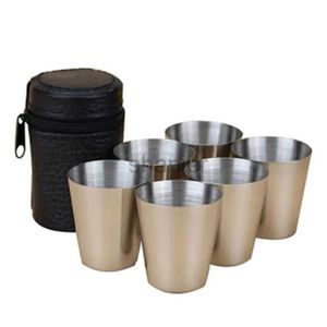 Canecas 6pcs 70 ml de aço inoxidável copos de aço com estojo de couro Espresso Tiro Copas de barra de barra de barra de barra